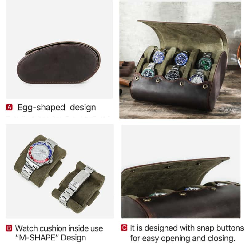 VCD-E premium handcrafted retro fashion hidden snap buttons 6-slot cowhide leather watch case highlights: egg-shaped design, m-shaped design pillow slides, hidden snap buttons closure design for easy opening and closing.