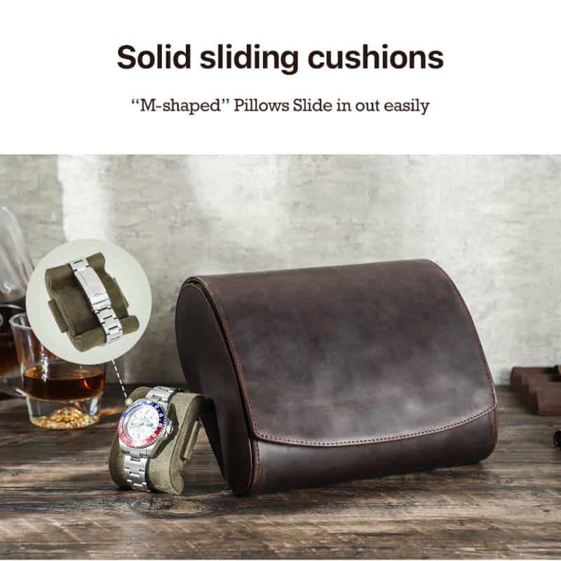 VCD-E premium handcrafted retro fashion hidden snap buttons 6-slot cowhide leather watch case m-shaped removable pillow slides offering customizable storage for watches of different sizes and styles.