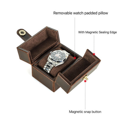 VCD-E premium handcrafted retro fashion magnetic snap buttons 1-slot cowhide leather watch travel case with removable pillow slides, magnetic sealing edge and magnetic snap buttons.