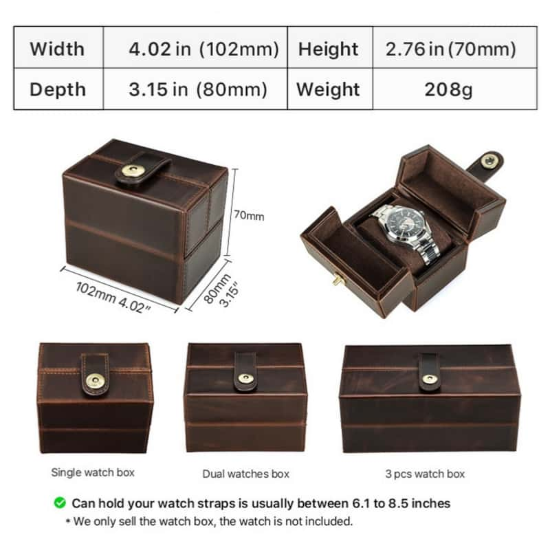 VCD-E premium handcrafted retro fashion magnetic snap buttons 1-slot cowhide leather watch travel case dimensions: 4.1*3.2*2.8 inches.