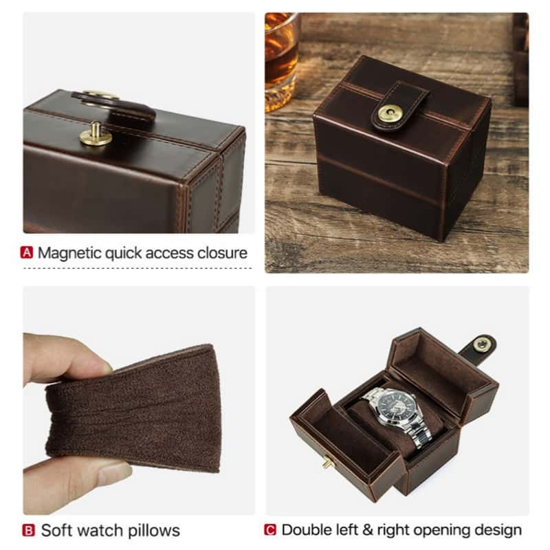 VCD-E premium handcrafted retro fashion magnetic snap buttons 1-slot cowhide leather watch travel case highlights: magnetic snap buttons quick access closure, soft watch pillow slides, double-opening flip-top design.