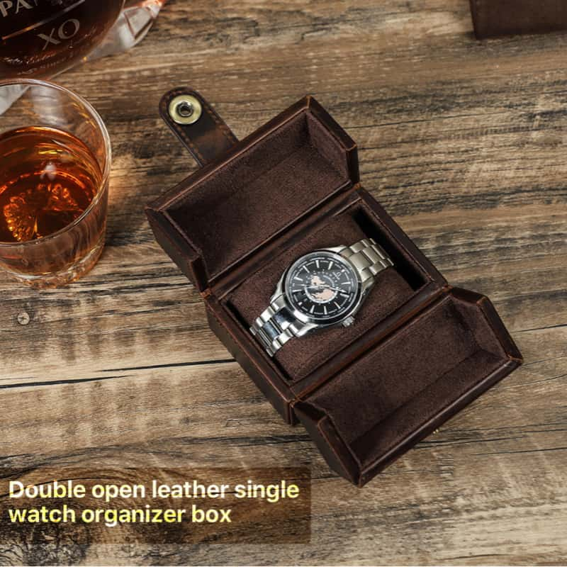 VCD-E premium handcrafted retro fashion magnetic snap buttons 1-slot cowhide leather watch travel case double-opening flip top gives you easy access to your timepiece.