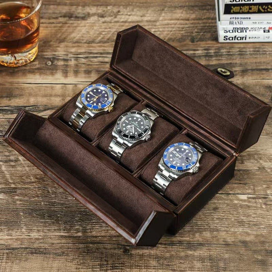 VCD-E premium handcrafted retro fashion magnetic snap buttons 3-slot cowhide leather watch travel case interior scratch resistant fabric safeguard your watch glass, keeping your timepieces looking brand new.