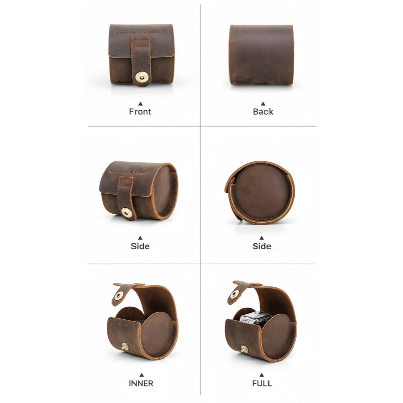 VCD-E premium handcrafted retro fashion oval shape 1-slot cowhide leather travel watch roll from all angles display, exquisite craftsmanship, with a smooth, rounded shape and natural, flowing lines.