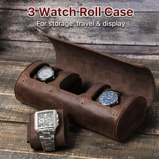 VCD-E premium handcrafted retro fashion oval shape 3-slot cowhide leather travel watch roll interior scratch resistant fabric offering added protection for your watch glass and keeping your timepieces in perfect shape.