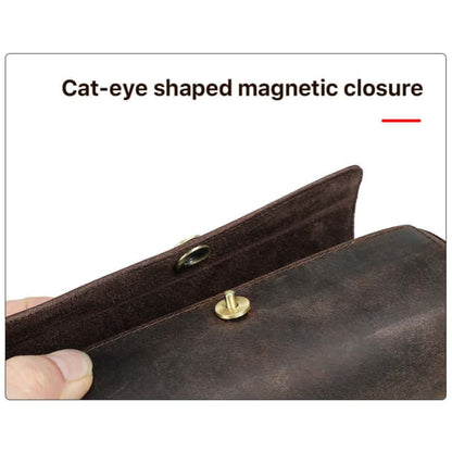 VCD-E premium handcrafted retro fashion oval shape cowhide leather tie organizer cat-eye shaped magnetic closure detail.