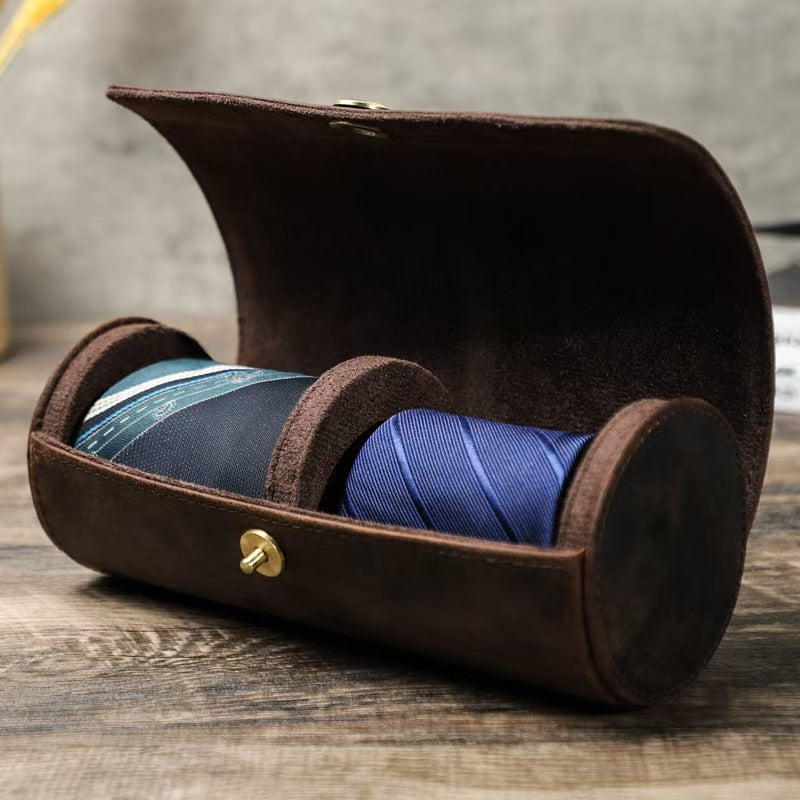 VCD-E premium handcrafted retro fashion oval shape cowhide leather magnetic tie organizer keep your ties wrinkle-resistant.