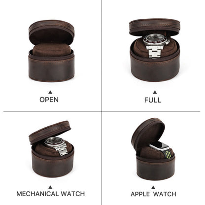 VCD-E premium handcrafted retro fashion oval shape teeth zipper 1-slot cowhide leather watch travel case expended state display: perfectly storage 1 watch, interior scratch resistant fabric protect watch glass from damage.