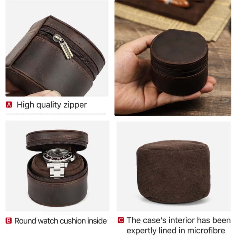 VCD-E premium handcrafted retro fashion oval shape teeth zipper 1-slot cowhide leather watch travel case highlights: high quality teeth zipper, round pillow slides, case's interior has been expertly lined in microfibre.