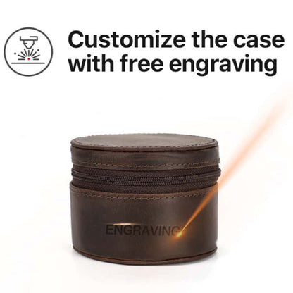 VCD-E premium handcrafted retro fashion oval shape teeth zipper 1-slot cowhide leather watch travel case offer free laser engraving service, make it uniquely yours, adding a personal touch to your watch case.