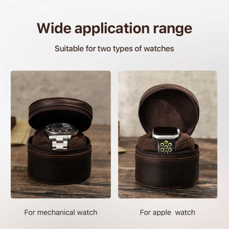 VCD-E premium handcrafted retro fashion oval shape teeth zipper 1-slot cowhide leather watch travel case offers wide application range, suitable for all types of watches.