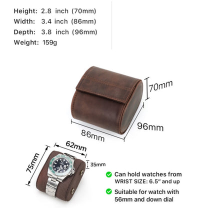 VCD-E premium handcrafted retro fashion portable egg-shaped 1-slot cowhide leather travel watch roll dimensions: 3.4*3.8*2.8 inches.