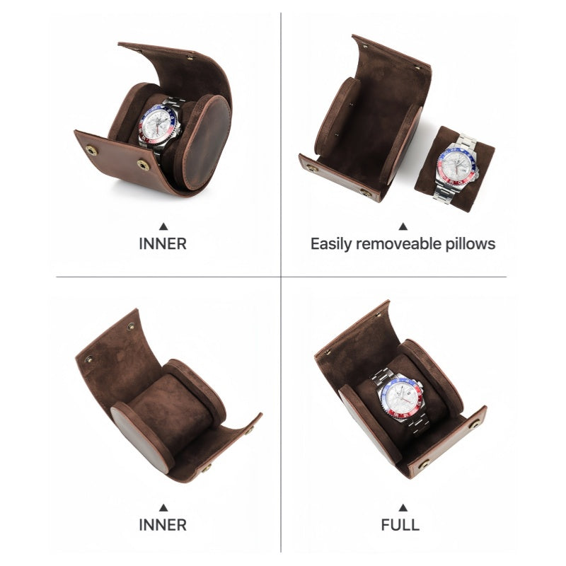 VCD-E premium handcrafted retro fashion portable egg-shaped 1-slot cowhide leather travel watch roll expended state display: interior scratch resistant fabric protect watch glass from damage, removable pillow slides.