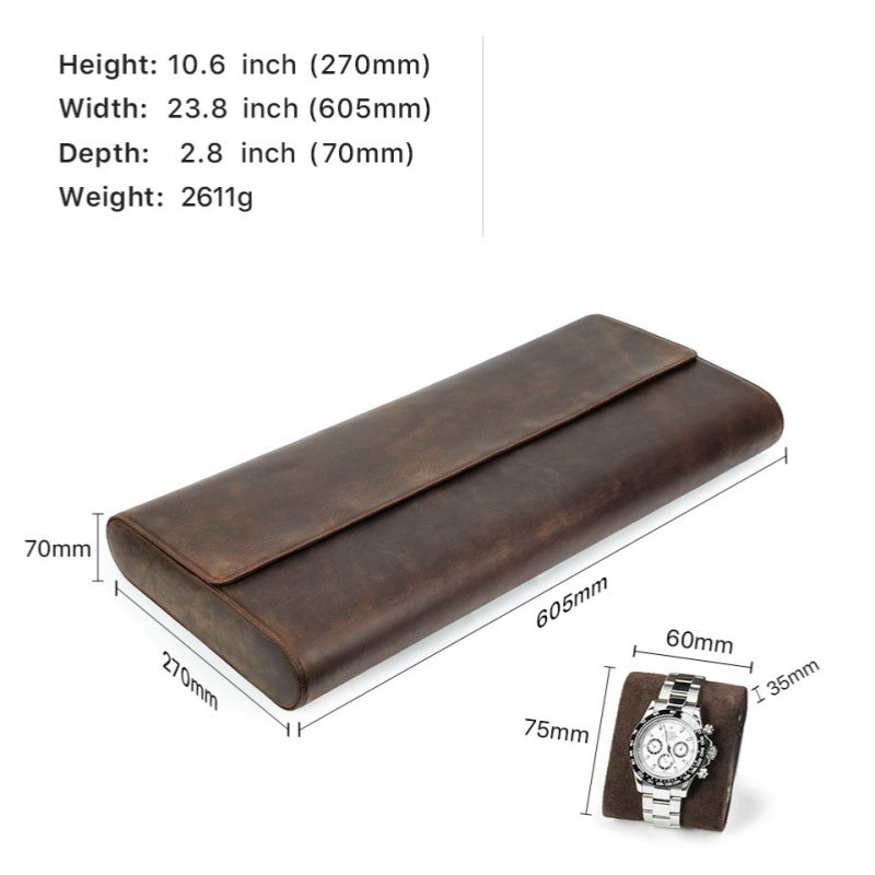 VCD-E premium handcrafted retro fashion snap buttons 24-slot cowhide leather watch case dimensions: 23.9*10.7*2.8 inches.