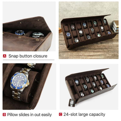 VCD-E premium handcrafted retro fashion 24-slot cowhide leather watch case highlights: snap buttons closure, removable pillow slides in out easily, 24-slot large capacity.