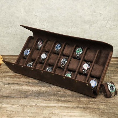 VCD-E premium handcrafted retro fashion snap buttons 24-slot cowhide leather watch case with removable pillow slides design, each of them is easily removable and adjustable, giving you the flexibility to store watches of any size or shape.