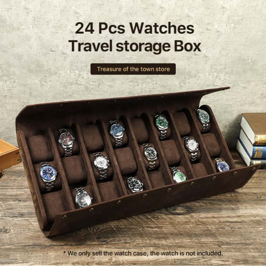 VCD-E premium handcrafted retro fashion snap buttons 24-slot cowhide leather watch case, is more than just a watch storage solution—it's a true piece of craftsmanship that reflects your taste and care for your collection. Every time you open it, you’ll feel the weight of its quality and the pride of owning something that’s truly special.