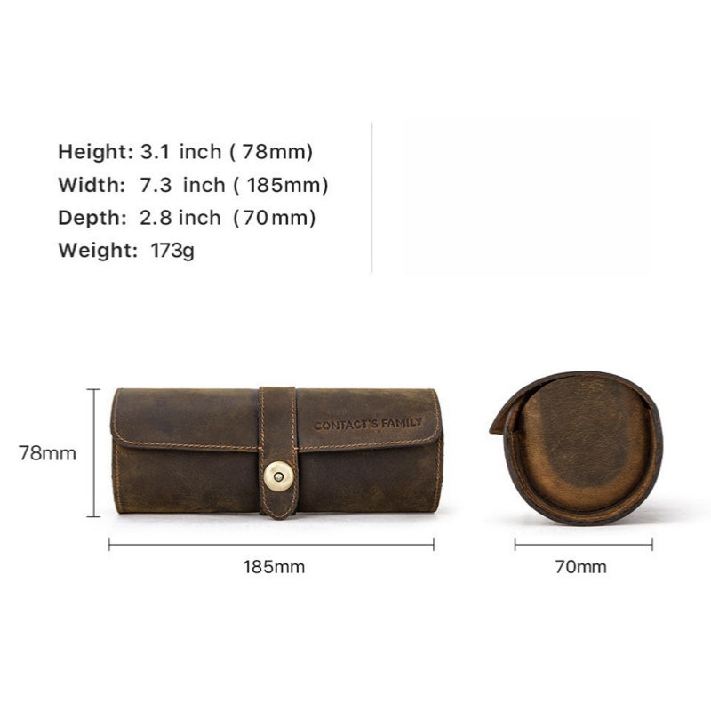 VCD-E premium handcrafted retro fashion snap buttons 3-slot cowhide leather travel watch roll dimensions: 7.3*2.8*3.1 inches.