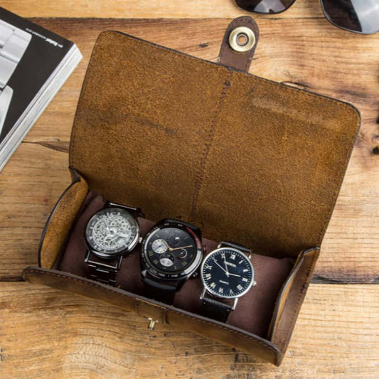 VCD-E premium handcrafted retro fashion snap buttons 3-slot cowhide leather travel watch roll interior scratch resistant fabric providing extra protection for your watch glass. No more worrying about accidental scratches or nicks while your watches are stored.