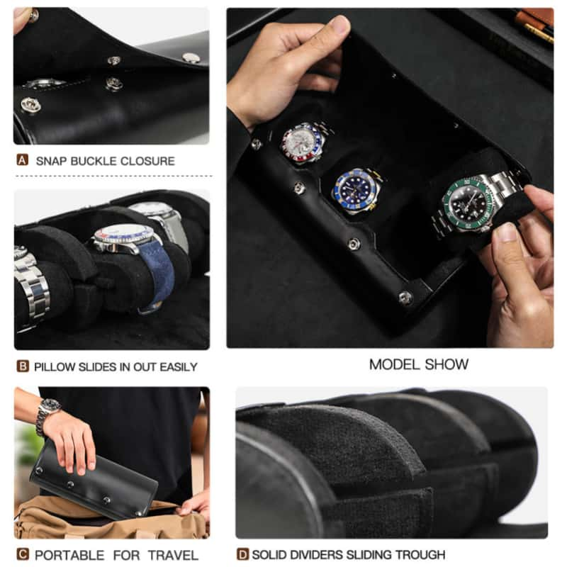 VCD-E premium handcrafted retro fashion snap buttons 3-slot cowhide leather watch travel case highlights: snap buttons closure, removable pillow slides, solid dividers sliding trough, portable for travel.