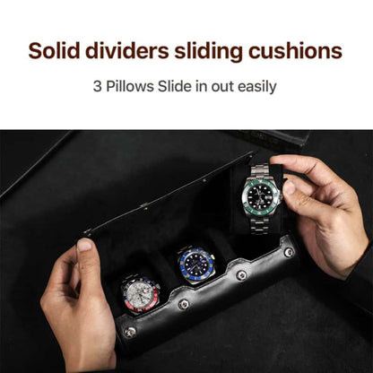 VCD-E premium handcrafted retro fashion snap buttons 3-slot cowhide leather watch travel case removable pillow slides provide a secure, cushioned space for your watches, ensuring they remain in perfect condition.