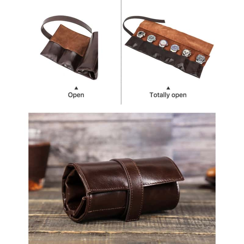 VCD-E premium handcrafted retro fashion strap style 6-slot cowhide leather watch roll expended xtate diaplay, offer generous storage when fully opened, perfectly storage 6 watches.