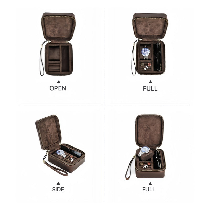 VCD-E premium handcrafted retro fashion teeth zipper cowhide leather 1-slot watch travel case expended state display, well organized layout, perfectly storage 1 watch and 1 pair of glasses, pillow slides is removable.