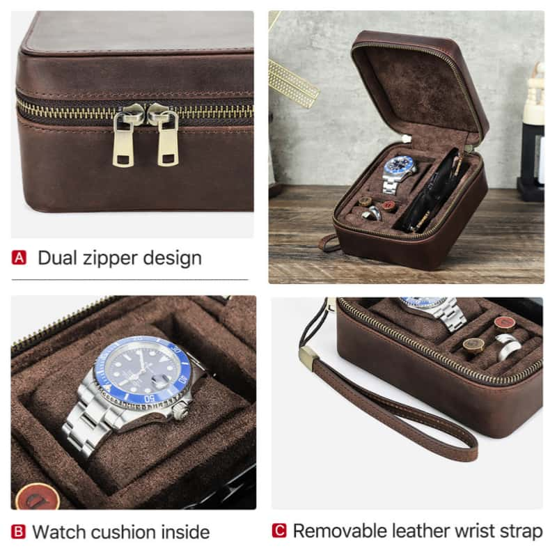 VCD-E premium handcrafted retro fashion teeth zipper cowhide leather 1-slot watch travel case highlights: dual teeth zipper design, removable pillow slides and leather wrist strap.