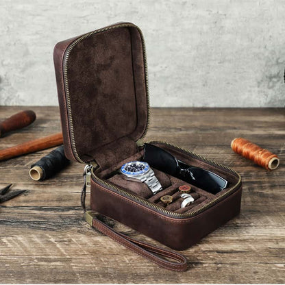 VCD-E premium handcrafted retro fashion teeth zipper cowhide leather 1-slot watch travel case with dual teeth zipper closure design, ensures smooth, secure access to your watch and accessories.