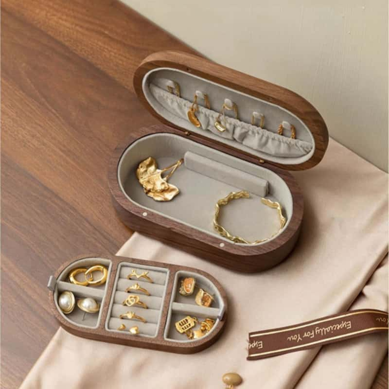 Walnut Wood 2-Layer Travel Jewelry Case