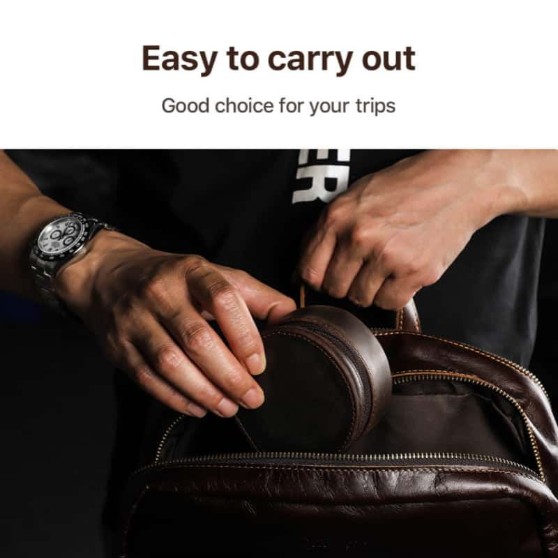 VCD-E premium handcrafted retro fashion oval shape teeth zipper 1-slot cowhide leather watch travel case is portable, easy to carry out, best choice for your trips.